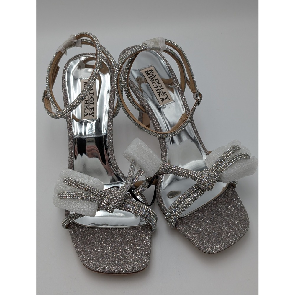 Badgley Mischka Heel Women 7.5 Silver Glitter Sandal Rhinestone Bow Evening Glam
